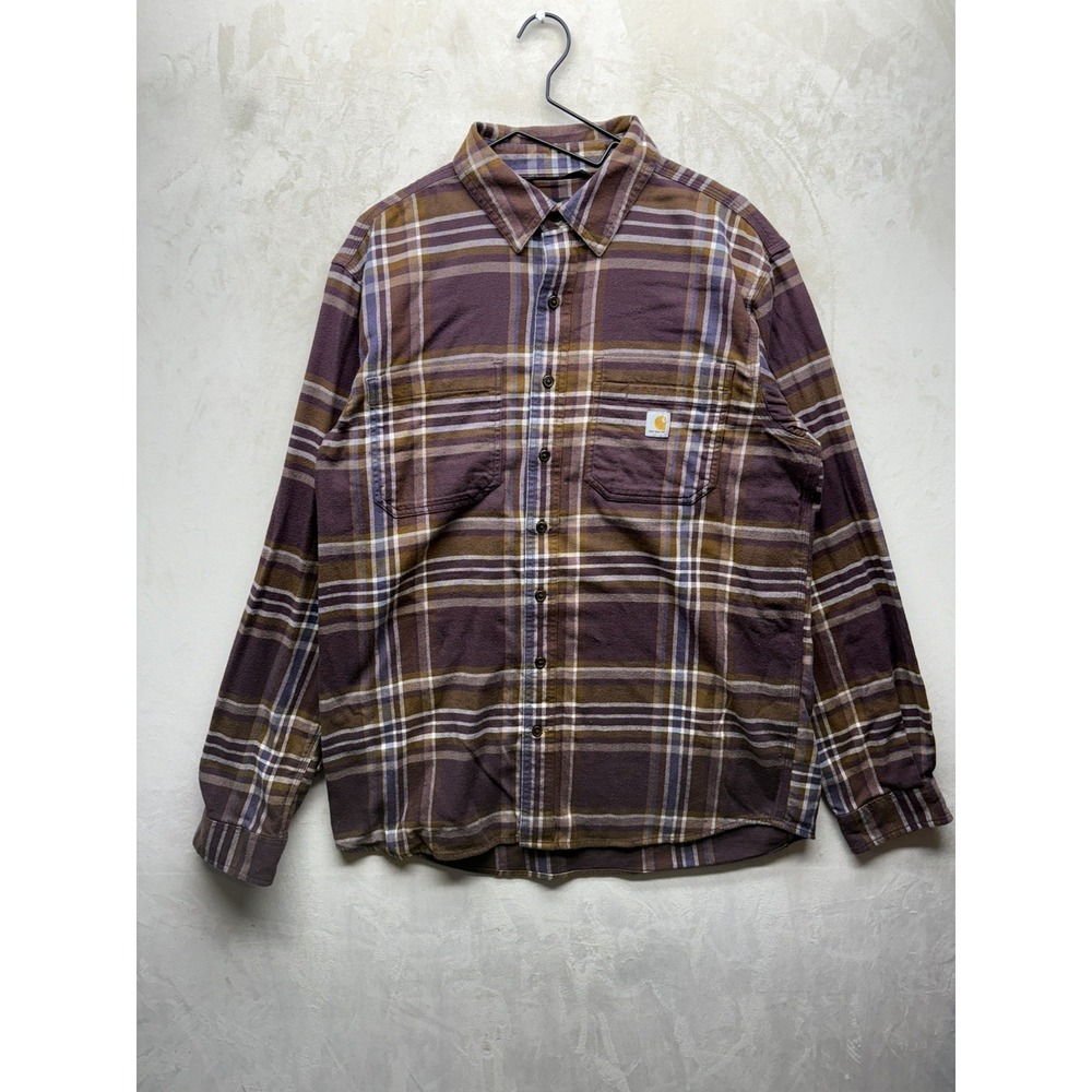 Carhartt Flannel Shirt Men's Large Rugged Flex Brown Plaid Long Sleeve Workwear